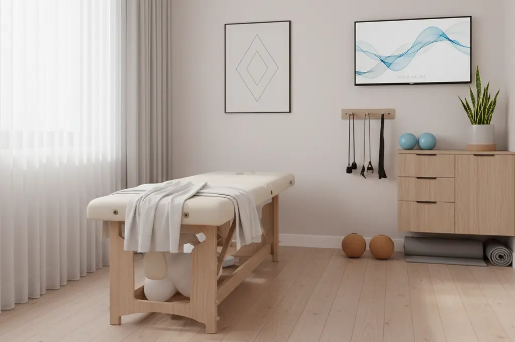um consultório de fisioterapia simples com estilo minimalista
