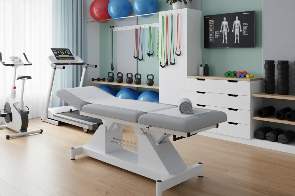 consultório de fisioterapia pequeno com arrumação funcional