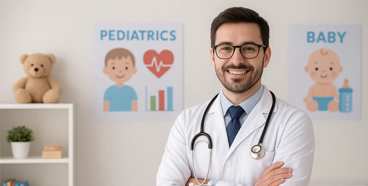 Foto de pediatra em sua clínica